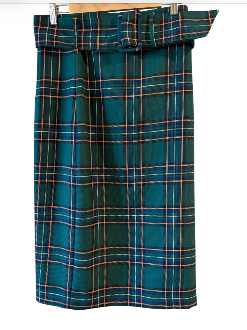 Zara Woman Plaid Mini Skirt Green Teal Tartan Belted High Rise Large